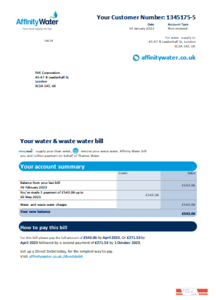 Affinity Water utility business bill,  SCR PSD template